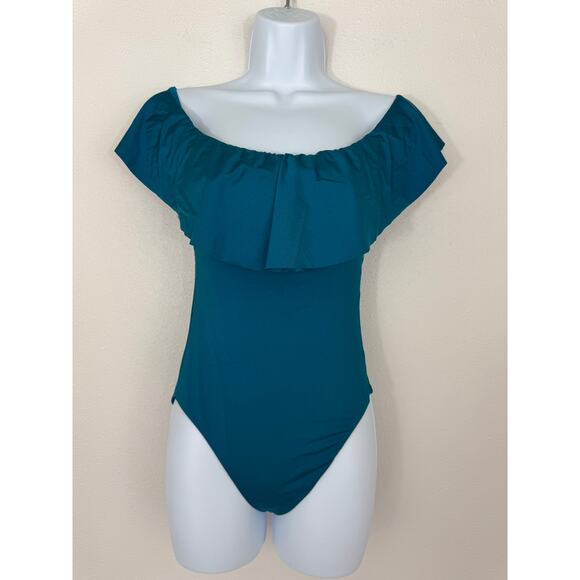 Trina Turk Off Shoulder Ruffle One Piece Swimsuit Teal Blue Size 6 - Picture 2 of 7